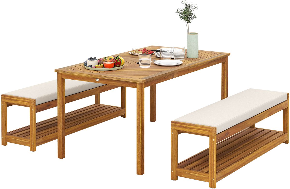 Outsunny tuinset - met kussen - acacia hout - polyester - teak