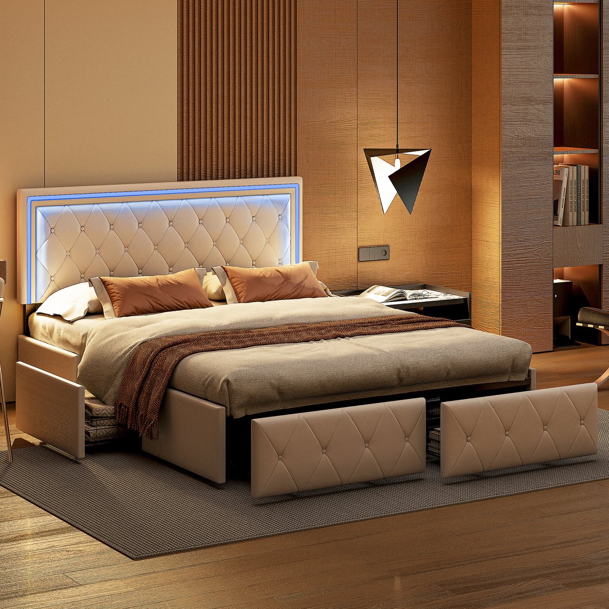 Bed 160x200 cm met LED-hoofdbord - tweepersoons tienerbed met 4 opbergladen, bedframe met lattenbodem, zonder matras, PU Wit