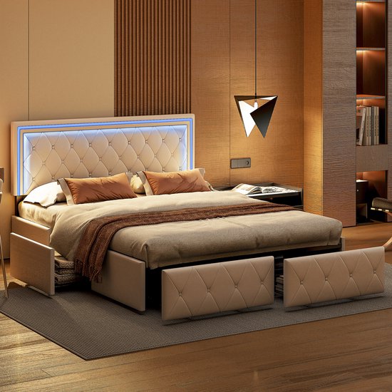 Stoffen bed met capitonné hoofdbord, opbergruimte en blauwe LED-verlichting
