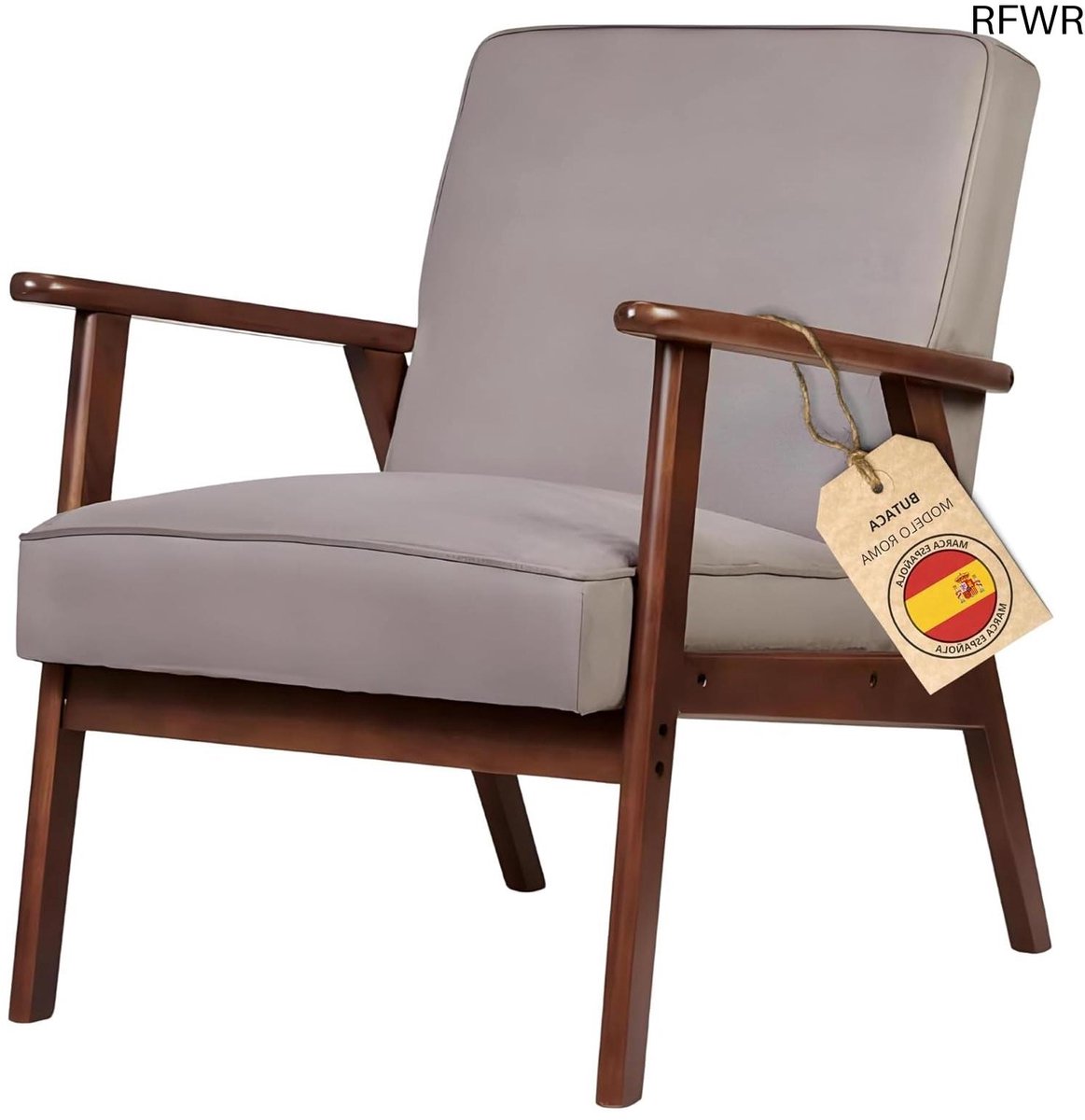 RFWR Scandinavische fauteuil voor woonkamer, vuilafstotend, ergonomisch ontwerp, massief hout, slaapstoel, grijs/walnoot
