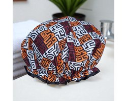 Luxe Grote Douchemuts / Shower cap / Douchekapje / Douche cap voor vol haar / krullen / afro van AfricanFabs® - Bruin en geel-oranje Kuba Blocks Congo