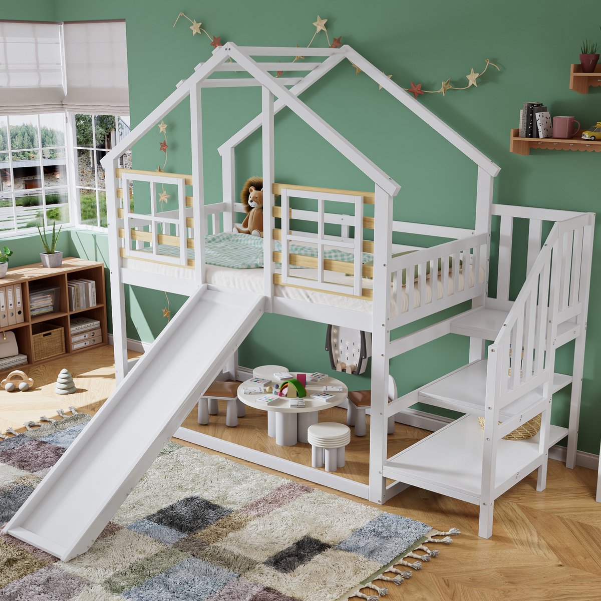 Merax Stapelbed - houten bed met trap en leuningen - met glijbaan en ramen - chaletbed met valbeveiliging - massief houten bedframe - wit - 90x200 cm