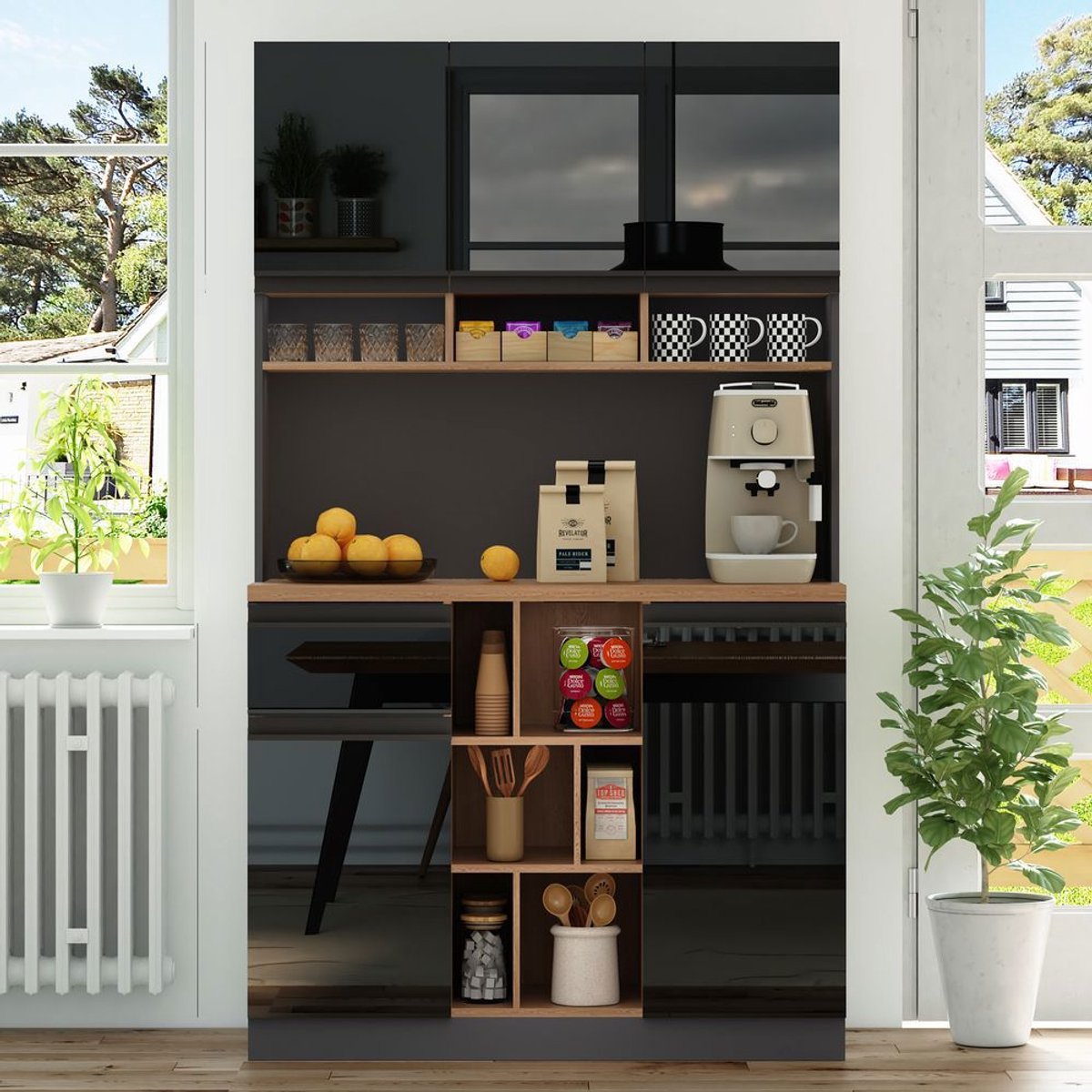 Pugsdrly 105 × 45 × 185 cm, moderne keukenkast, buffetkast, dressoir, grijs en zwart, metalen handgrepen, verstelbare legplanken, lades, open opbergruimte, kantelbeveiliging, geschikt voor keuken, woonkamer en slaapkamer