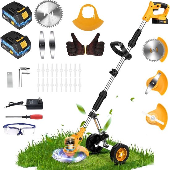 Set met accumaaier, 2 accu's, 2 messen, 1 zaagblad, oplader, bril, handschoenen, gereedschap en extra onderdelen.