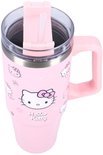 Roze beker met handvat en rietje. Grote Hello Kitty print met strik en tekst "Hello Kitty". Meerdere kleine prints.