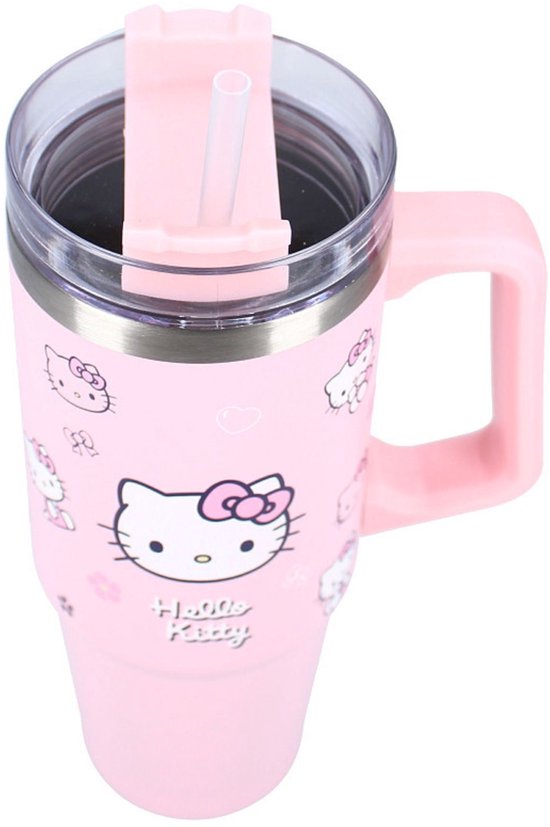 Roze beker met handvat en rietje. Grote Hello Kitty print met strik en tekst "Hello Kitty". Meerdere kleine prints.