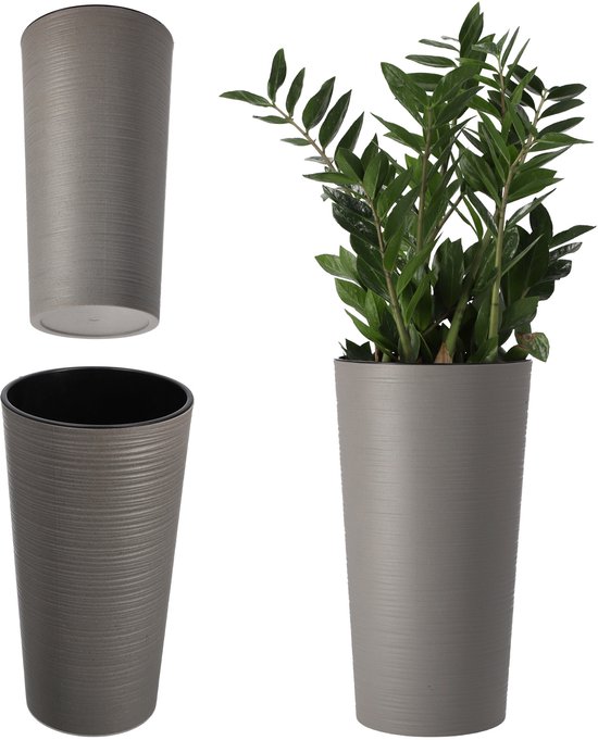 KADAX Bloempot met houtspaanders, elegante bloempot met inzet, pot, tuinkom, bloembak, bloempotbescherming voor woonkamer, kantoor, ⌀ 25 cm, crème