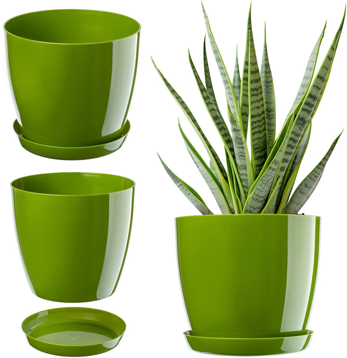 Kadax bloempot, plantenpot met onderschotel, ronde bloempot voor binnenshuis, elegante sierpot van kunststof, bloempot voor bloemen en planten, lichtgewicht plantenpot (Ø12 cm, groen)