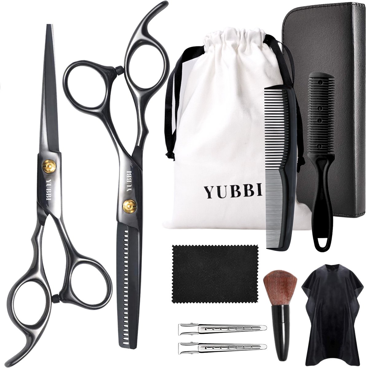 YUBBI Professionele Kappersschaar Set - 11 delig - Knipschaar - Coupeschaar - Uitdunschaar - Snijkam - Zwart