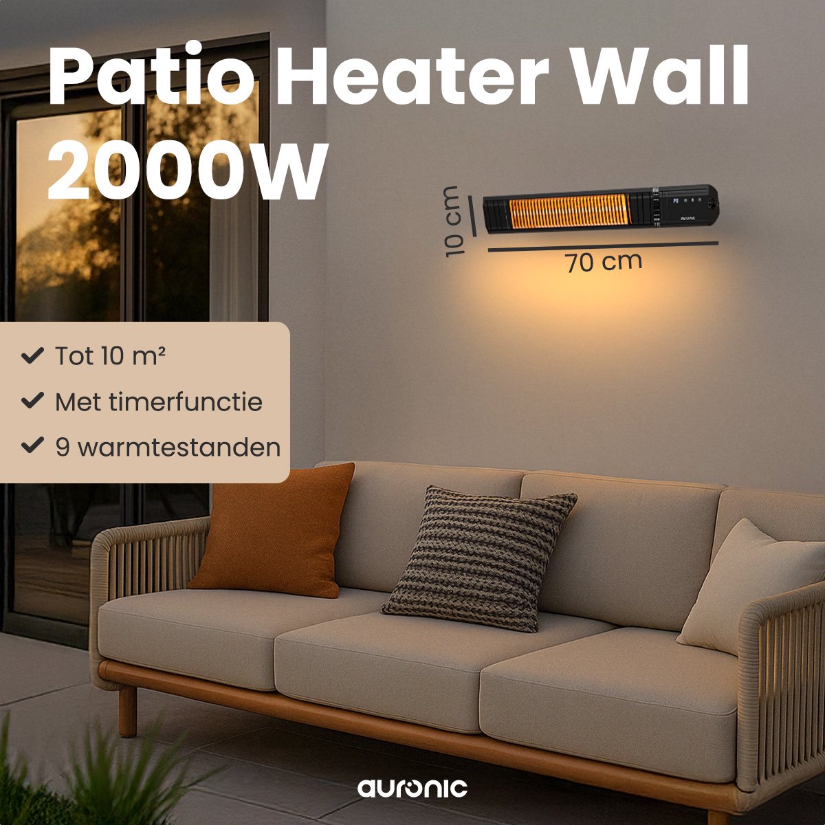 Auronic Terrasverwarmer - Infrarood Verwarming - Touch Display - 10m2 - IP65 - Elektrische Heater - 2000W - Afstandsbediening - 9 Standen - Zwart – foto 2