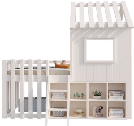 Lit cabane pour enfant 90x200, avec toit et fenêtre, avec espace de rangement ouvert, avec échelle d'escalade, lit superposé pour enfant en bois massif sans matelas, blanc