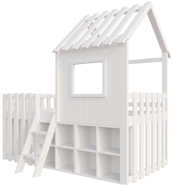 Lit cabane pour enfant 90x200, avec toit et fenêtre, avec espace de rangement ouvert, avec échelle d'escalade, lit superposé pour enfant en bois massif sans matelas, blanc