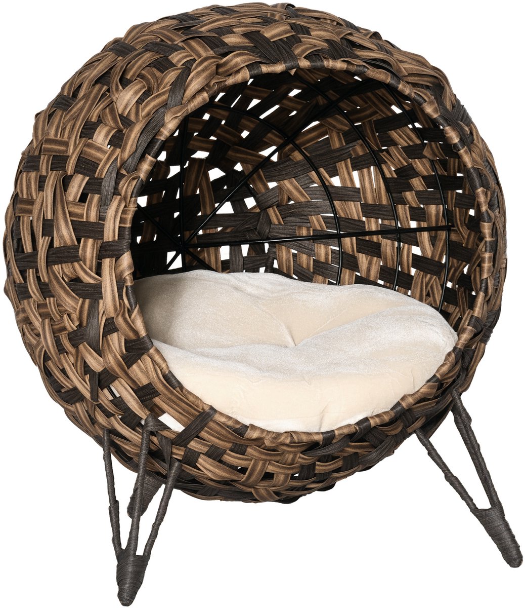 Bol.com PawHut Katzenhaus aus Rattan mit Kissen Katzenschlafplatz Katzenhöhle mit erhöhten Füßen Braun Ø52 x 58 cm aanbieding
