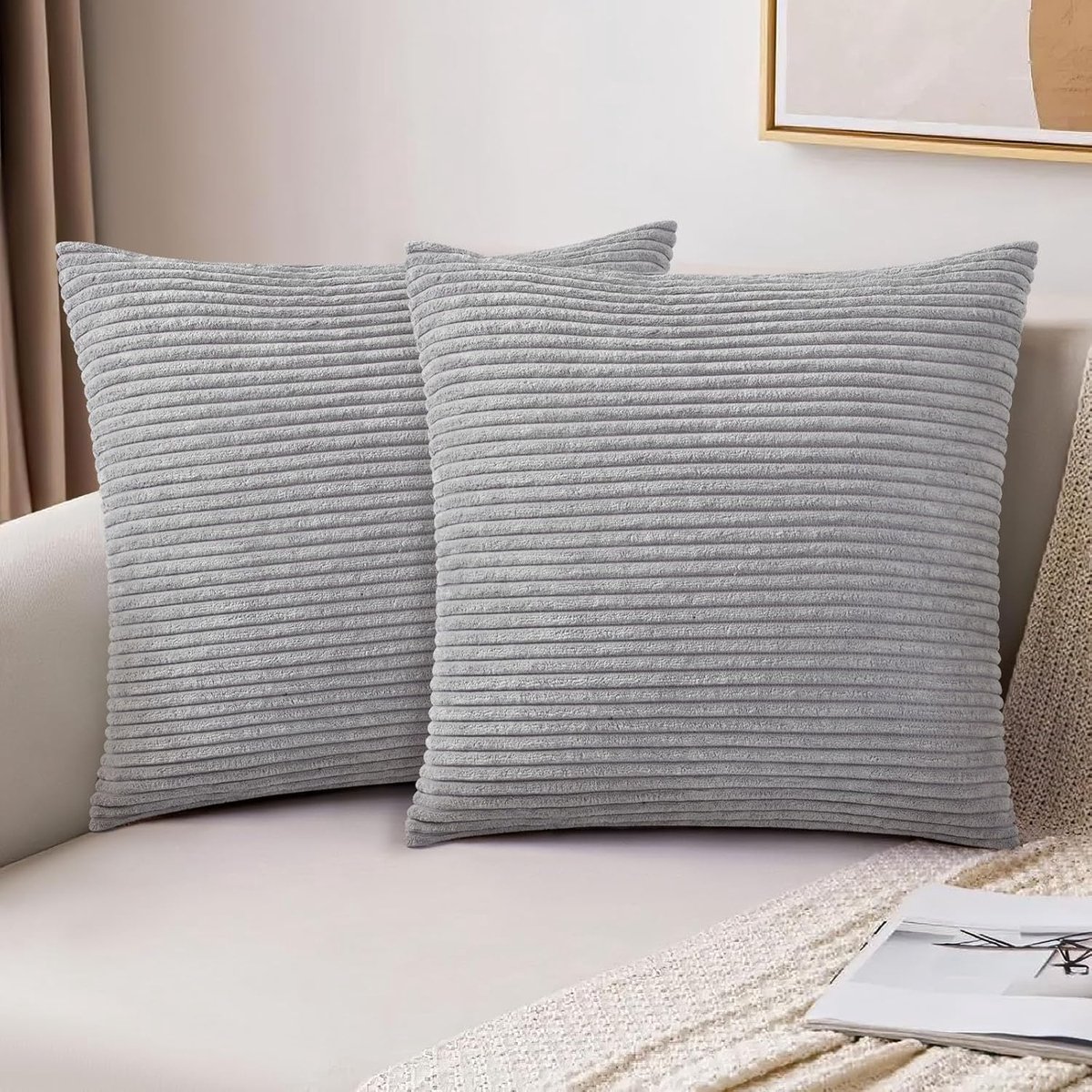Famanu - Corduroy kussenslopen, 40 x 40 cm, set van 2 super zachte corduroy grijze kussenhoezen, decoratieve moderne kussenslopen, zachte kussenslopen voor thuis, lente, decoratie, bank, gestreept