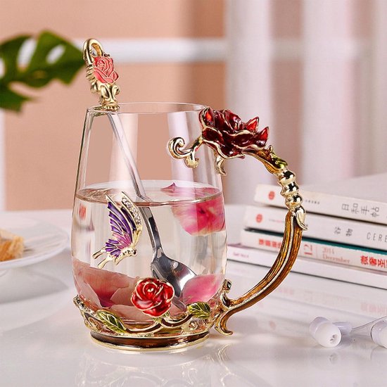 Bloem Glazen Theekopje, Emaille Glazen Kopjes met Delicate Lepel,Rozen Drinkbekers met Handgrepen Koffiebekers,Verjaardag, Valentijnsdag, Moederdag, Huwelijksverjaar (Rood, Hoog) van Bloem — afbeelding 3