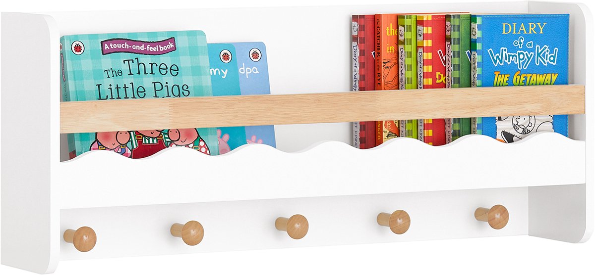 SoBuy KMB78-W Wandkapstok - Witte Opbergplank met Haken voor Kinderkamer