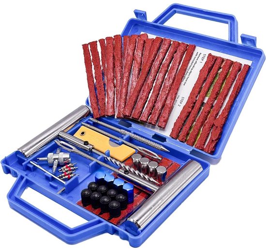 Blauwe koffer met bandenreparatieset: rode reparatiestrips, metalen gereedschappen, ventieldopjes.