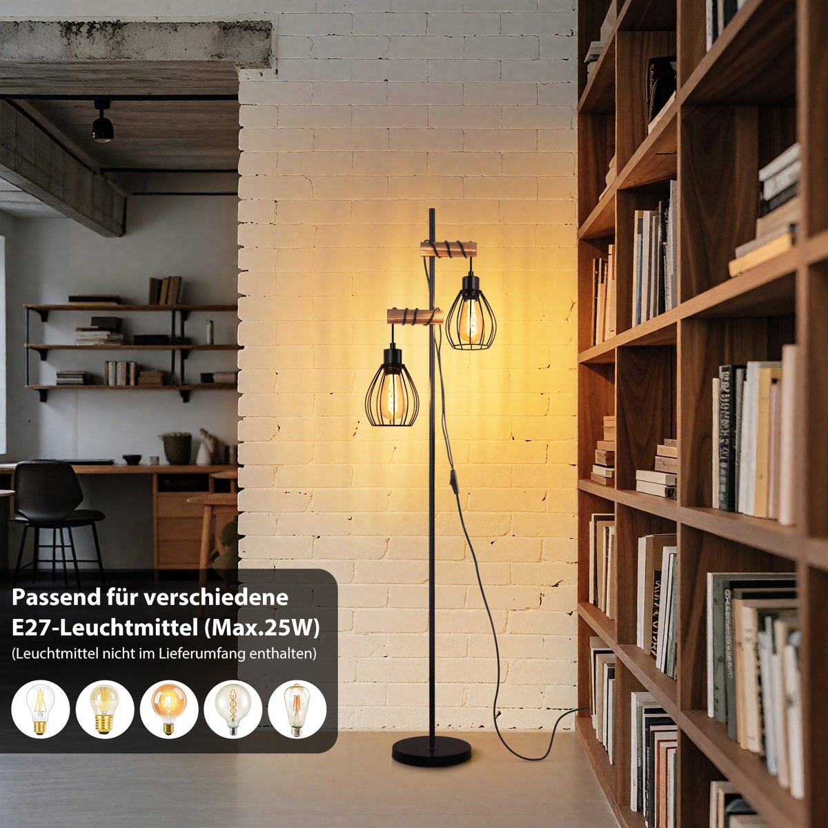 NETTLIFE Vloerlamp - E27, 2-lichts retro zwart thumbnail 4