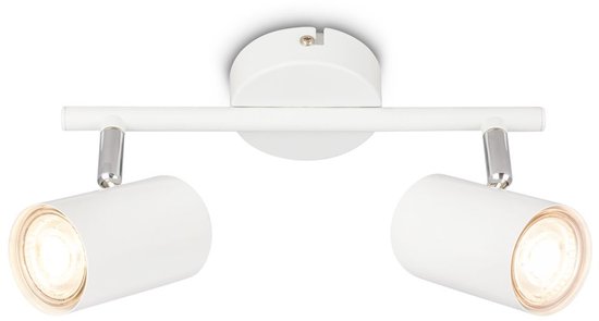 Lampe de plafond blanche avec deux spots orientables sur une barre.