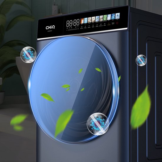 Machine à laver bleu foncé avec une grande porte ronde en verre. Deux bulles avec une icône de virus et des feuilles flottent autour de la machine.