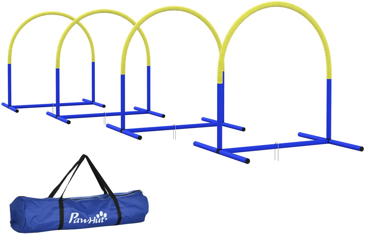 PawHut Hunde-Agility-Trainingsgeräte, Hund Agility Set, 4-teilges Steckhürdenset für ältere Hunde, Hundetrainigsset mit Tragetasche, Blau+Gelb, 88 x 64 x 95 cm