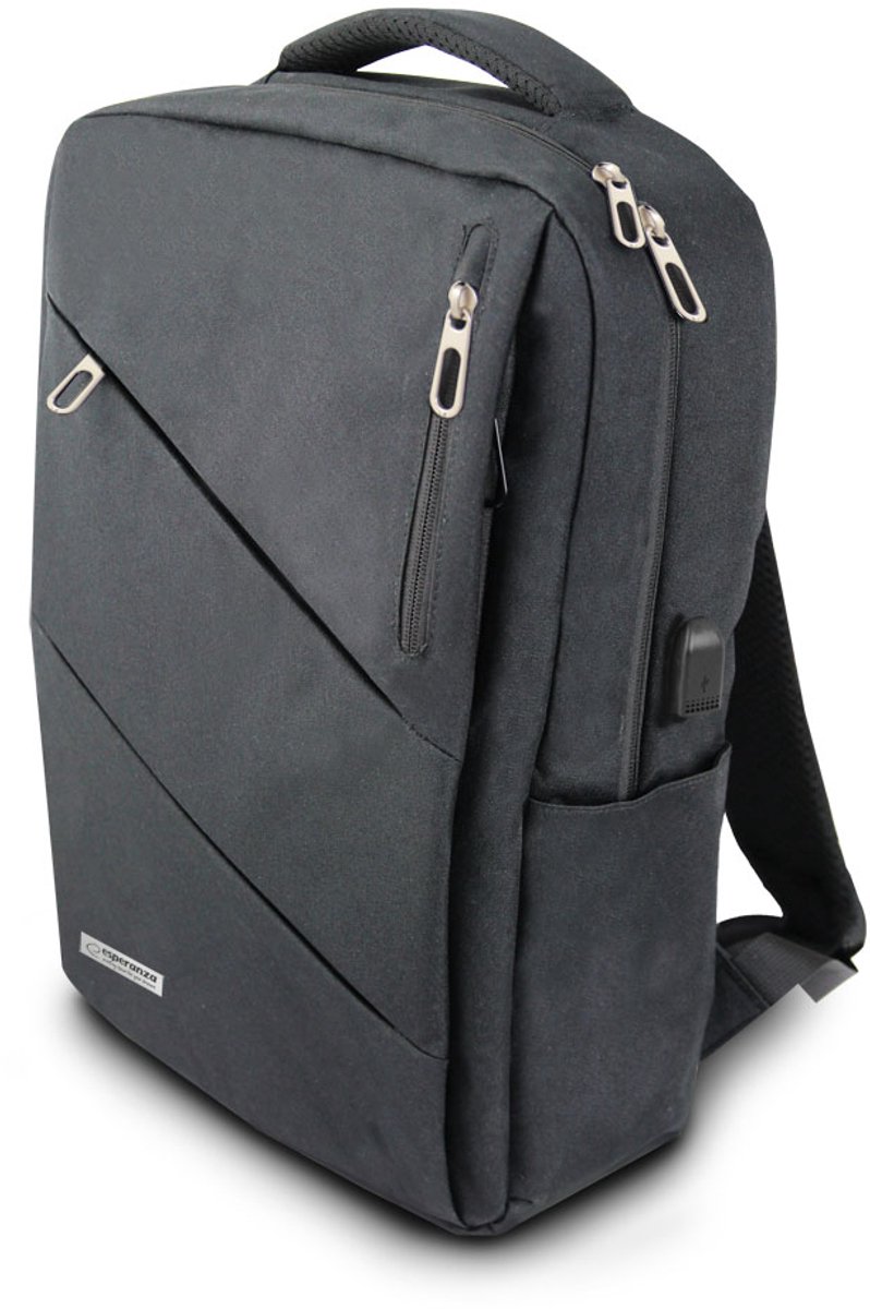 Esperanza NOVARA Laptop Rugzak 15.6 inch – Met USB Oplaadpoort – Waterafstotend – Verstevigd Laptopvak – Zwart - Laptoptas