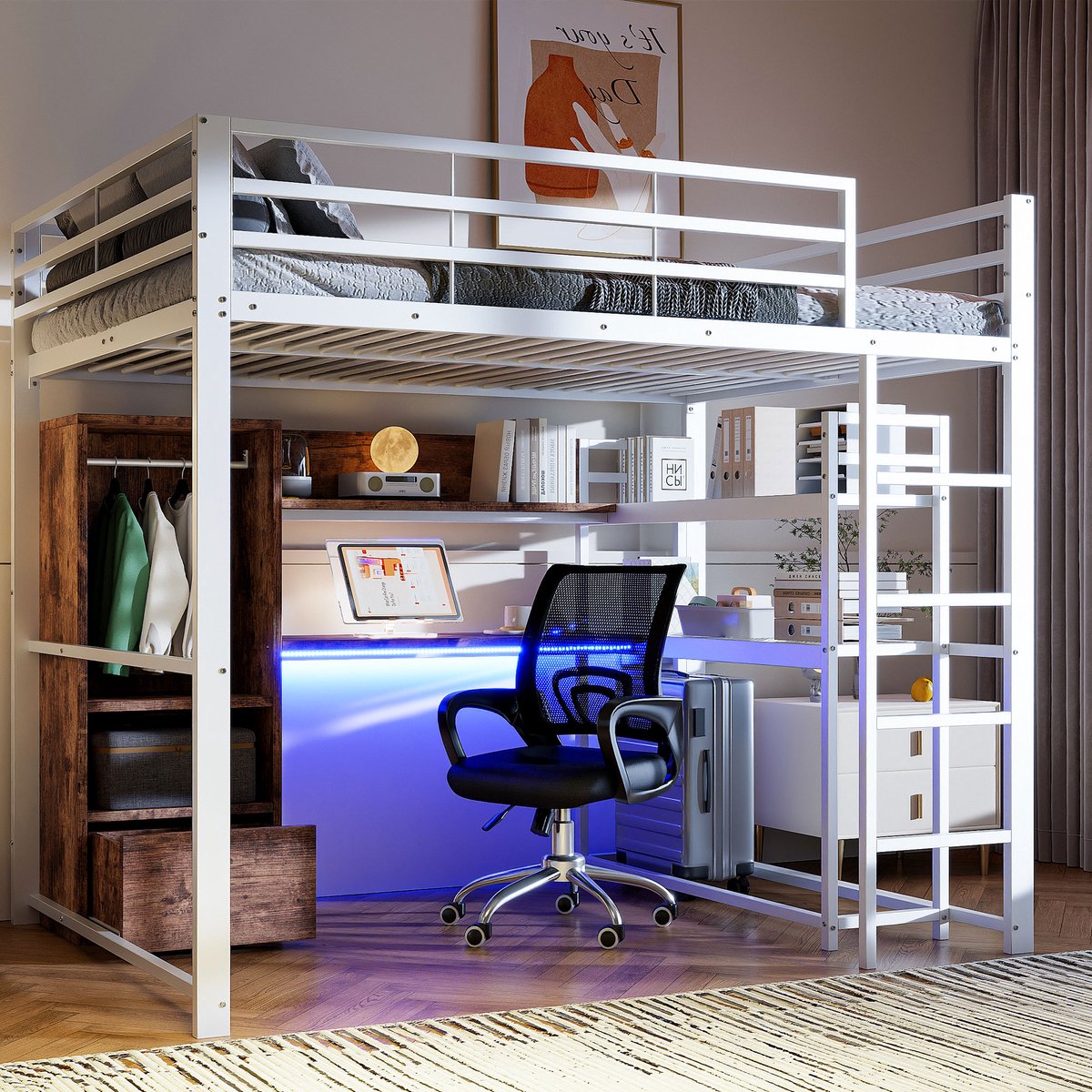 Gutent Hoogslaper - 140x200 cm - Metalen bed - met LED verlichting - Bureau - 1 lade - Zonder matras - Wit - Zonder stoel