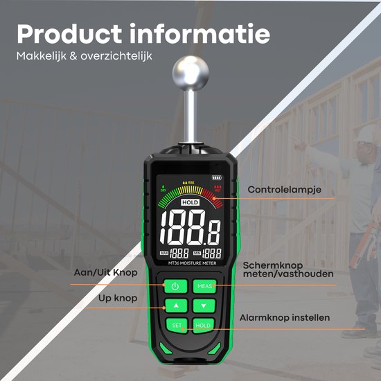 Membeli Vochtmeter - Contactloos & Oplaadbaar - Hout & Muren - met LED lamp – Digitale Vochtigheidsmeter Voor Bouwmaterialen – Naaldloze Vochtmeter