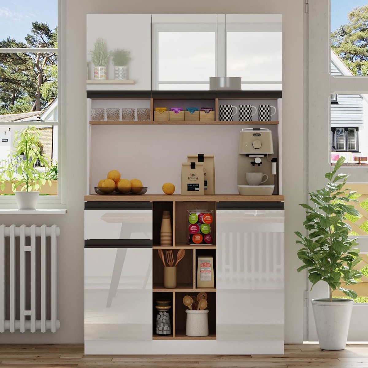 Pugsdrly 105 × 45 × 185 cm, modern wit keukenmeubel, buffetkast, dressoir, glanzende deuren, metalen handgrepen, verstelbare legplanken, lades, open opbergruimte, kantelbeveiliging, geschikt voor keuken, eetkamer en woonkamer