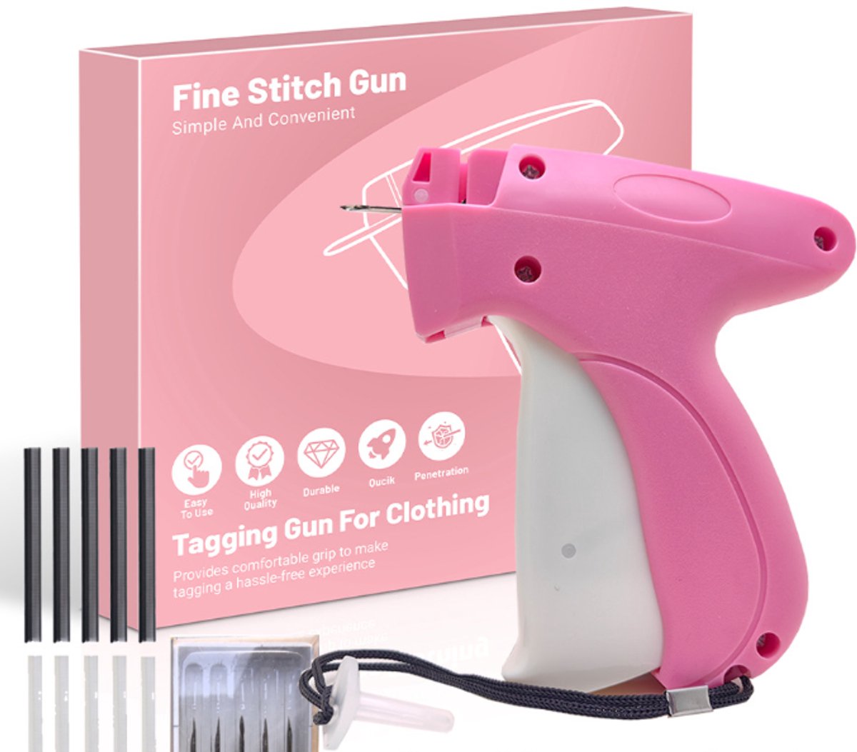 Naaibenodigdheden-Naaiset-textielpistool-naaien accessoires-Handheld Stitch Tag Gun Snelle Kledingsluiting - textielpistool - Naaiset Bevat 5 Naalden - 1000 Zwarte Sluitingen en 1000 Witte Sluitingen -Roze
