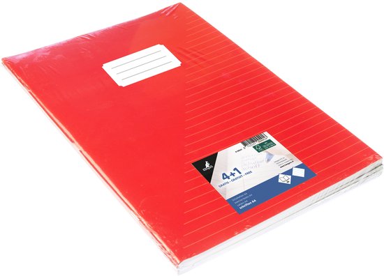 Rood schrift met wit label, rasterpatroon en "4+1 GRATIS" sticker.