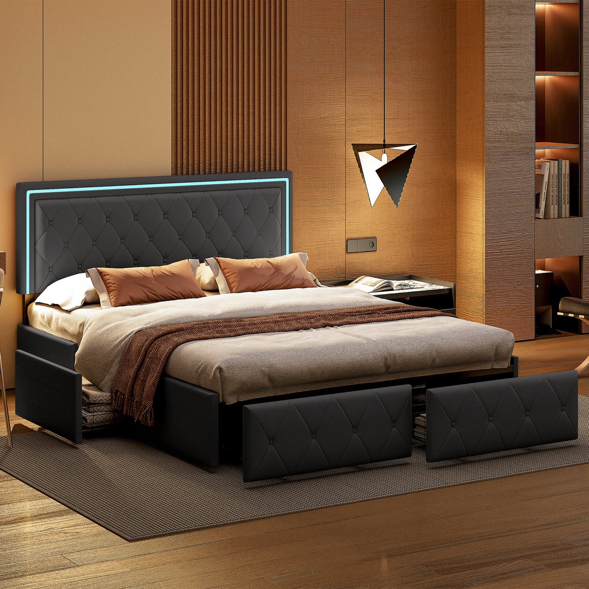 Gestoffeerd bed 160x200 cm met LED-hoofdbord - tweepersoons tienerbed met 4 opbergladen, bedframe met lattenbodem, zonder matras, PU Grijs