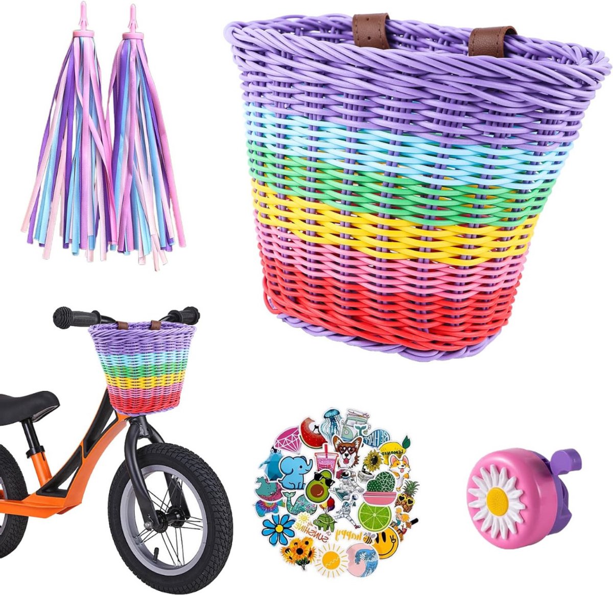Volare Gevlochten Fietsmand – Bloemen – Meisjes – Wit Roze