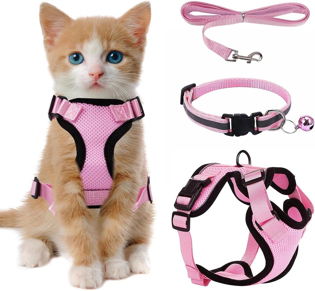 Zeynomax – Ontsnappingsbestendig roze kattenharnas set met reflecterende kittenriem voor kleine en middelgrote katten (S) – Veiligheid en stijl op wandeling met je kat