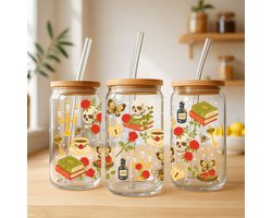 Creasowl® Libbey Glazen Drinkbeker 500ml – Mason Jar met Dark Academia Patroon – Vintage Boekenprint – Herbruikbaar Glas voor Koffie, Ijsthee, Cold Brew – Cadeau voor Boekenliefhebbers – Duurzaam Drinkglas – Esthetisch & BPA-vri