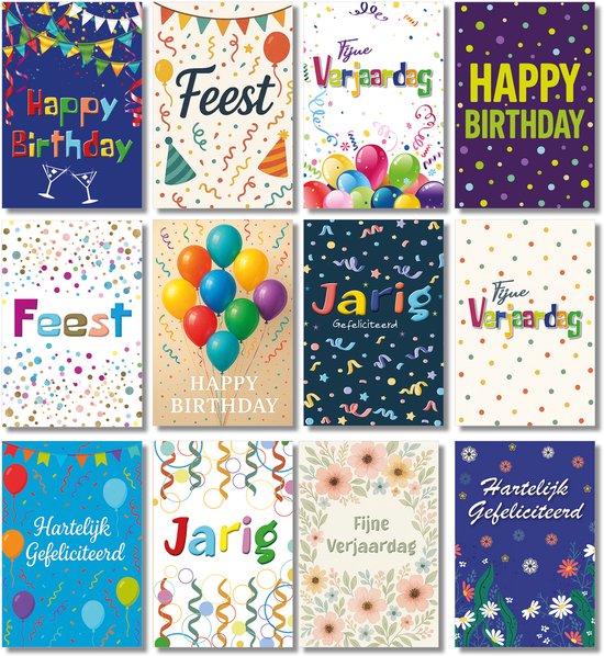 MGPcards - 12 dubbele wenskaarten met gekleurde envelop - Gefeliciteerd - Feest - Jarig - 11,5 x 17 cm - 100% Plastic vrij