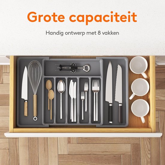 VaeFae Extra grote keukengerei houder, bamboe zilverwerk lade organizer, uitbreidbaar bestek organizer met messenblok, multifunctionele lade verdeler