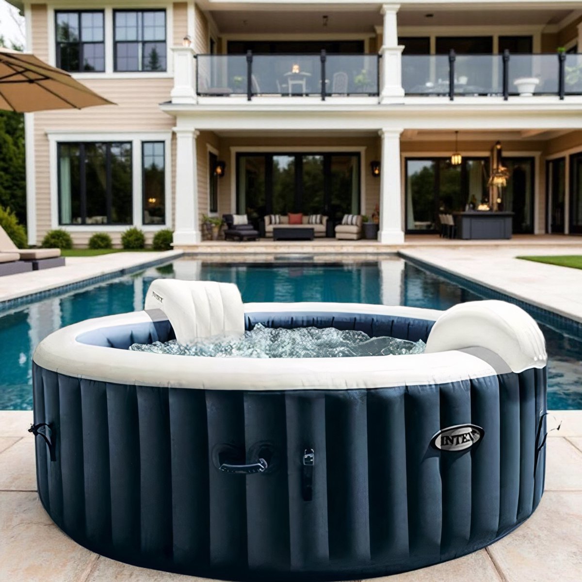 Medahomestore BubbleSpa Deluxe 196 – Opblaasbare Jacuzzi Rond voor 4 Personen – 140 Bubbeljets – Verwarmd Bubbelbad Ø196x71cm – Luxe Opblaasbare Spa voor Tuin & Terras – Zelfopblazend + Filter & Afdekking – Marineblauw PVC