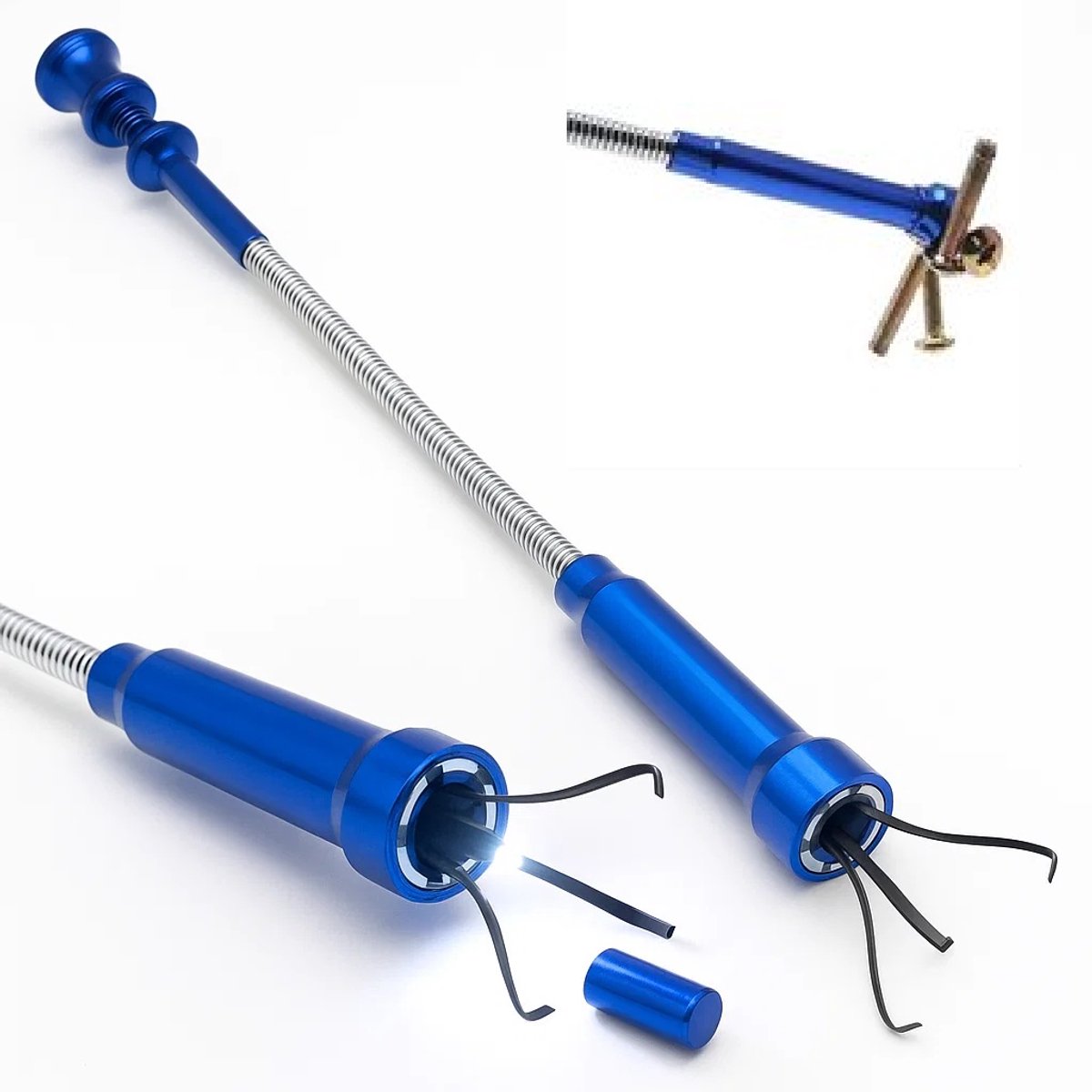 Goedkoopste Flexibele Magnetische Pick Up Tool I Met Grijper & 4 Klauwen I Met Sterke Magneet I Met Led Licht I 60 Cm I Buigbaar I Flexibel I RVS I Blauw