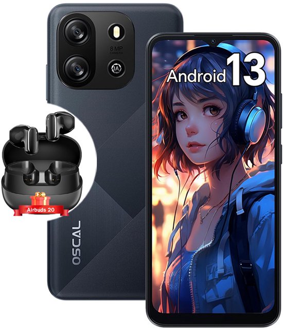 Oscal Blackview Flat 1C 6.517'' 4GB+32GB-SD 1TB 8MP+5MP 4700mAh Android 13 Dual SIM Moonshade Black Met oortelefoon Blackview Airbuds 20