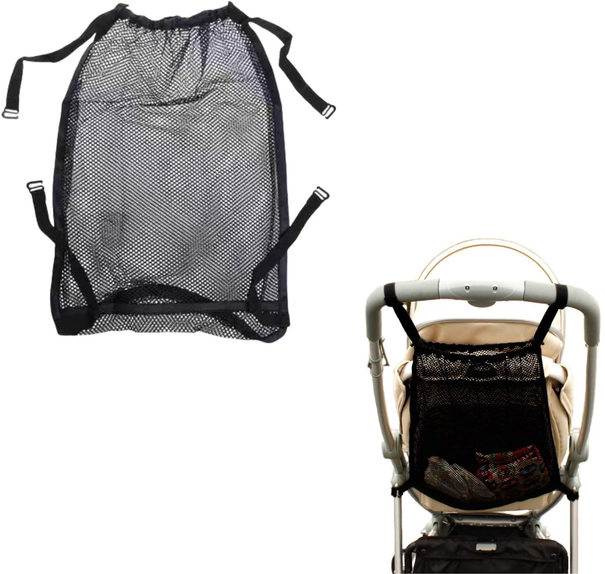 Image of 1 Stuk - Boodschappentas, Opbergtas, Universeel boodschappennet voor kinderwagens en kinderwagens, Opbergtas voor kinderwagens, Past op de meeste handvatten 50x35cm (Zwart)