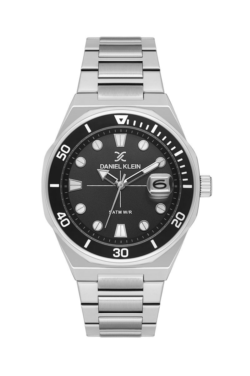 Daniel Klein DK.1.13989-1 - Horloge - Polshorloge - Analoog - Mannen - Heren - stalen band - Rond - Metaal - Streepjes - Stippen- Datumaanduiding - Zilverkleurig - Zwart- Wit