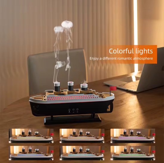 Luxe luchtbevochtiger Titanic Design - Titanic aroma diffuser - Air diffuser - Titanic cruiseschip lucht bevochtiger Met led verlichting en kwallenrook stand - 250 ml met afstandsbediening