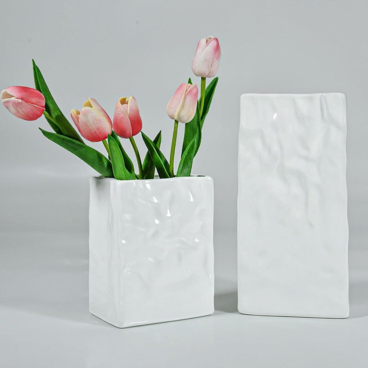 JGS Premium - Keramische decoratieve vazen voor woonkamer en boekenkast - Crèmekleurig - 16 cm en 25 cm - Moderne stijl - Geschikt voor pampasgras, tulpen, rozen - Cadeau voor mama en oma.
