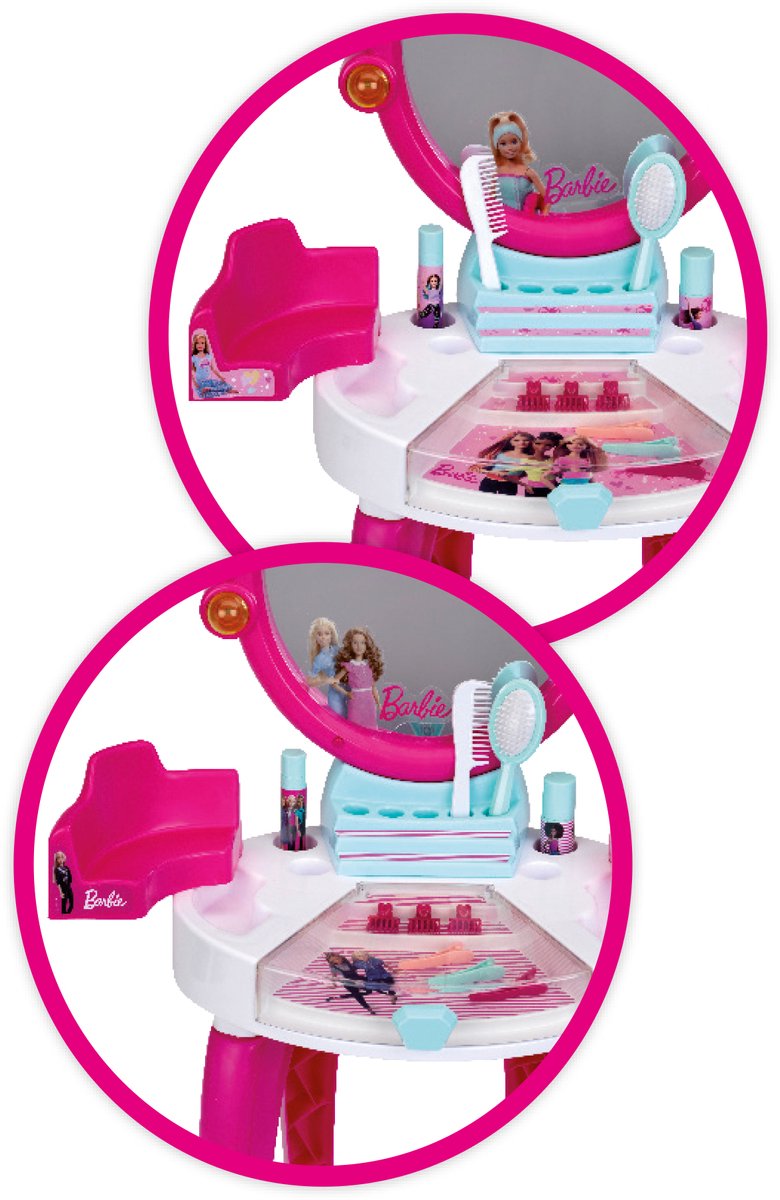 Centre De Beauté Barbie Grand Modèle – Avec Lumière Et Sons – Miroir 6 Spots, Tablettes Pivotantes, Tiroir, Tabouret – Peigne, Brosse, Cosmétiques Factices, Stickers