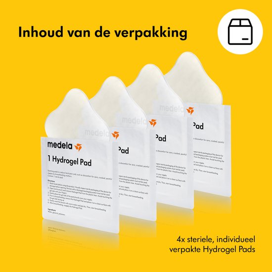 Emballage de 4 compresses Medela hydrogel stériles et emballées individuellement.