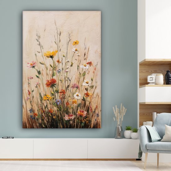 Canvas schilderij 120x180 cm - Exclusieve wanddecoratie Wilde bloemen - Penseelstreken - Rustgevend - Muurdecoratie woonkamer - Slaapkamer decoratie - Kamer accessoires - Schilderijen op canvas