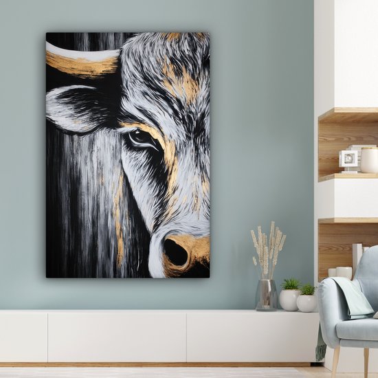 Tableau sur toile 80x120 cm - Décoration murale exclusive Taureau - Cornes - Museau - Or - Décoration murale salon - Décoration chambre - Accessoires chambre - Peintures sur toile