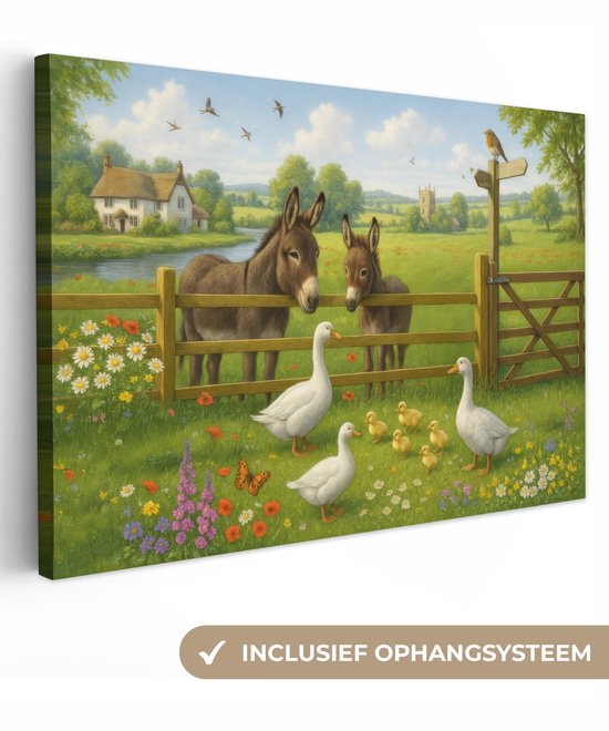 Canvas schilderij 120x80 cm - Exclusieve wanddecoratie Ezels - Ganzen - Kleurrijk - Muurdecoratie woonkamer - Slaapkamer decoratie - Kamer accessoires - Schilderijen op canvas