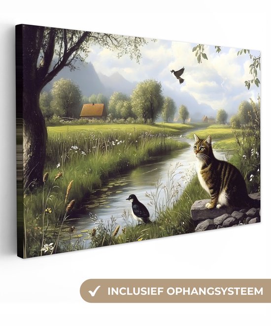 Canvas schilderij 120x80 cm - Exclusieve wanddecoratie Kat - Beekje - Weide - Muurdecoratie woonkamer - Slaapkamer decoratie - Kamer accessoires - Schilderijen op canvas